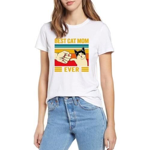 Vintage Best Cat Mom Ever Fist Bump Funny Neck Summer Womens 100% cotton short sleeves T-Shirt Humor Mothers Day Gift Tops tee
