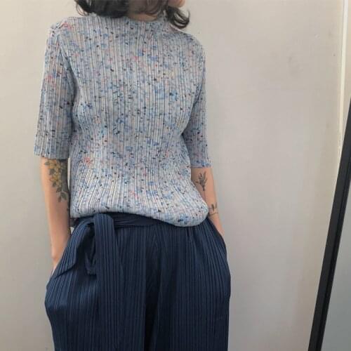 Miyake Pleated Classic Tops Polka Dot Print Designer Pleated T-shirt