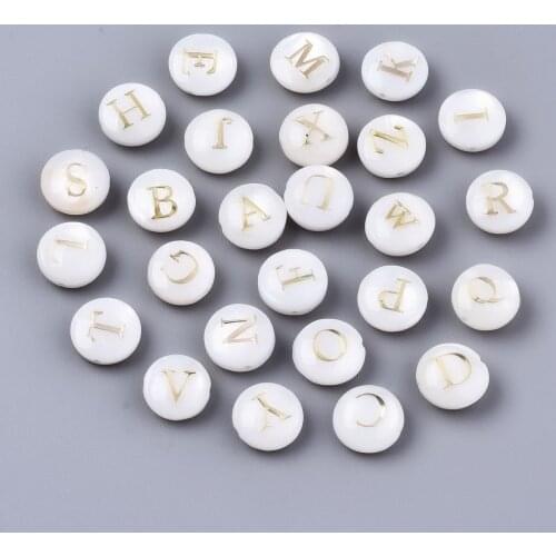 About 26pcs/set 8mm Natural Round Flat Shell Beads Golden Plated Letter Alphabet Beads for Bracelet Jewelry Making Accessories