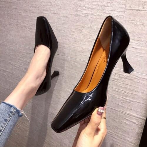 Patent leather 7.5CM high heels 2021 new fashion all-match sexy womens shoes square toe shallow mouth stiletto heels