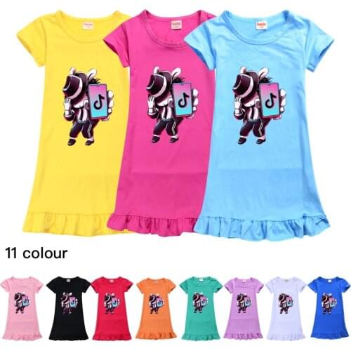 TIK TOK Summer Girls Dress Ice Silk Short Sleeve Pajamas Sleeping Skirt Home Dress