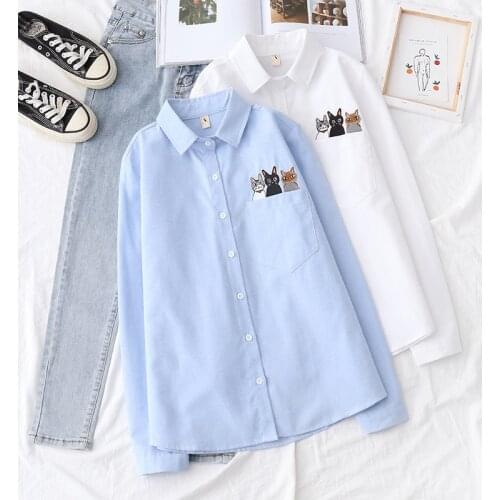 2021 New Animals Print Casual Loose Shirt Spring Summer Solid Turn Down Collar White Blouse Harajuku Korean Blusa Cute Cat Shirt