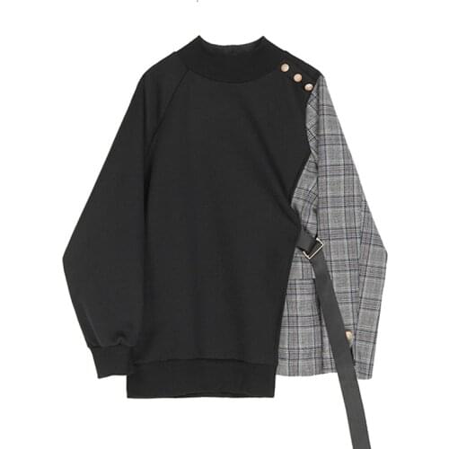 New Design Plaid Patchwork Loose 2021 Autumn New Irregular O Neck Full Coat Sweatshirts Women Z069