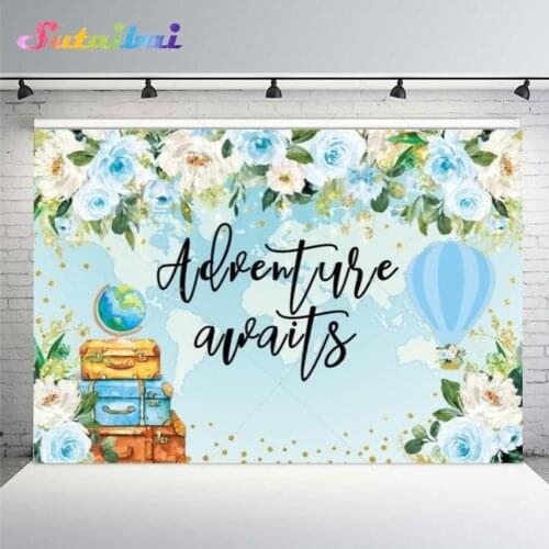 Adventure Awaits Backdrop Flowers Hot Air Balloons Suitcases Travel Round The World Baby Shower Birthday Background Photo Shoot