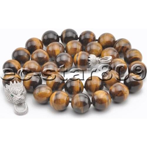 S2238 Big 24" Natural 18mm Yellow Tigers-eye Bead Necklace Cougar CZ