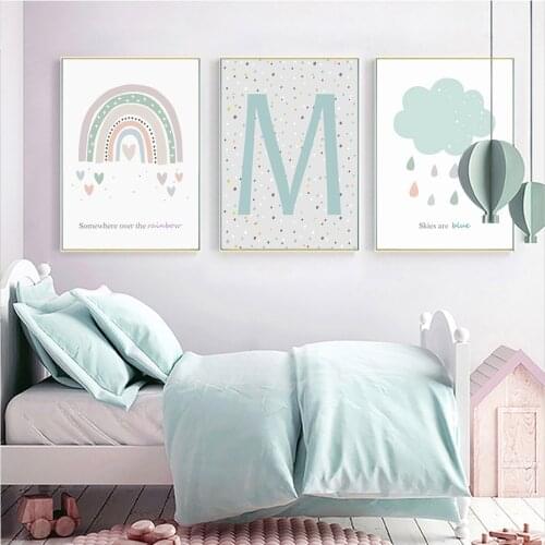 Modern Custom Name Initial Green Rainbow Cloud Nursery Canvas Paintings Poster Wall Art Prints Picture Kids Room Home Decoration