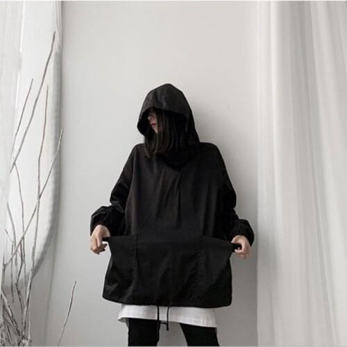 Fall womens new hoodie loose version of the black drawstring sport pullover hooded long sleeve pocket design