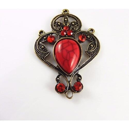 4pcs Vintage Bronze Alloy Charms With Red Rhinestone Pendant Jewelry Connector Headwear Handmade Jewelry Accessory