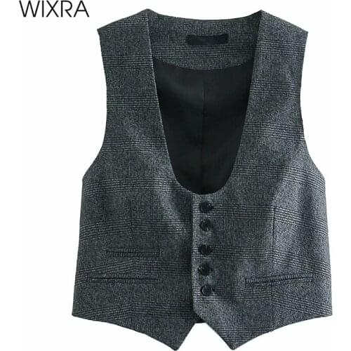 Wixra Womens Blazer Vest V Neck Sleeveless Single Breasted Female Gray Plaid OL Style Tops 2021 Spring Summer New