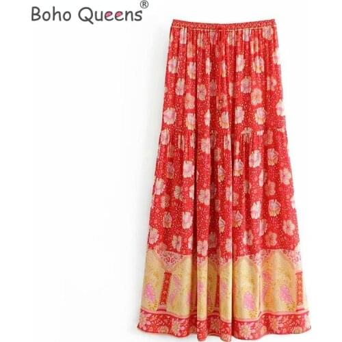 Boho Queens Hippie women red floral print beach Bohemian skirt High Elastic Waist A-Line Boho Maxi Skirt Femme