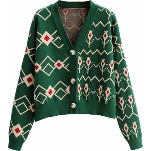 Aonibeier Jacquard Plaid Green Knit Cardigan Autumn Drop Shoulder V Neck Button Front Woman Casual Loose Sweaters Tops 2021