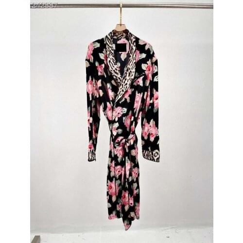 Fyion Fashion Runway Winter Long Sleeve Midi Dress Womens V-Neck Floral Print Belt Elegant Party Casual Loose Dress