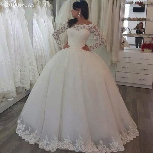 White 2021 Princess Wedding Dresses Long Sleeves Lace Applique Sweep Train Wedding Gowns Custom Made Bridal Dress