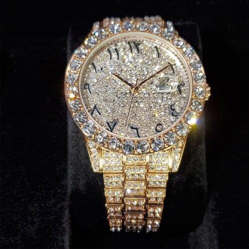 Hip Hop MISSFOX Rose Gold Mens Iced Out Watches Stainless Steel Date Arabic Numbers Quartz Watch Wristwatches For Mens Jewelry