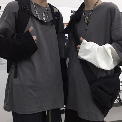 Oversize Gothic Punk False Two Pieces Tee T Shirt Men Women Solid Color Harajuku Long sleeve Cool Streetwear T-shirt Unisex Tops