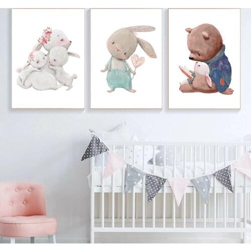 Cute Bear Rabbit Poster Nursery Wall Art Canvas Painting Cat Bunny Print Nordic Posters Wall Pictures Baby Kids Room Decoration