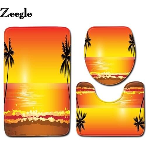 Toilet Mat in the Bathroom Home Decoration Bath Mat for Landscape Print Toilet Seat Cushion AntiSlip Waterproof Foot Rug Set