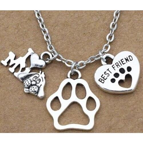 Fashion Jewelry Vintage I Love My Dog Cute Best Friend Heart Dogs Paw Lover Gifts Pendants Necklace a1