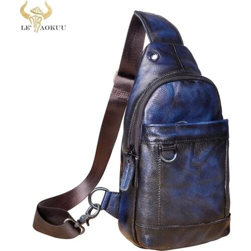 2020 Trend Men Original Real Leather Casual Fashion Blue Triangle Chest Design Sling Bag One Shoulder Crossbody Bag Male 8016