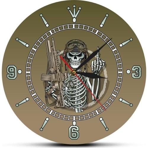 Military Army Skeleton Wall Clock Horror Skull Soldier Holding Rifle Weapon Gothic Modern Home Wall Watch
