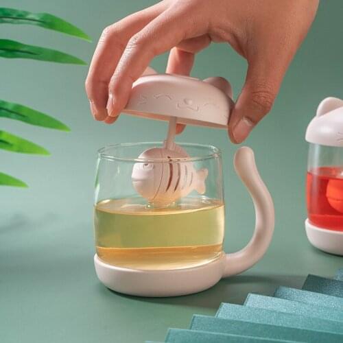 New 300ml cute cartoon cat glass mug with lid flower tea cup with filter tea maker glass office home tea cup coffee cup Teapot