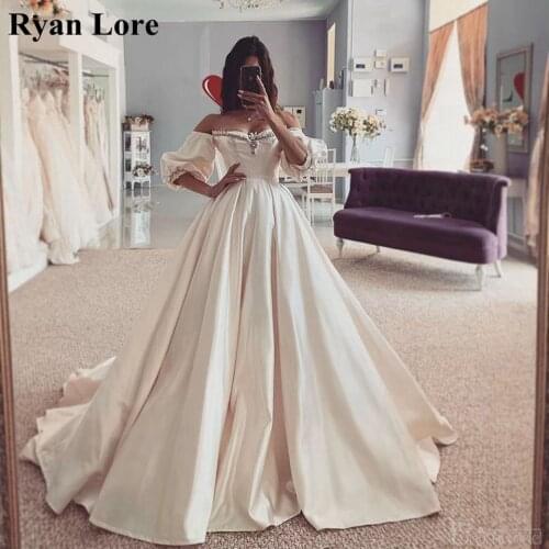 2020 New White/Ivory vestidos novias boda Off The Shoulder 3/4 Sleeves Crystal Wedding Dresses Satin Bridal Gowns hochzeitskleid