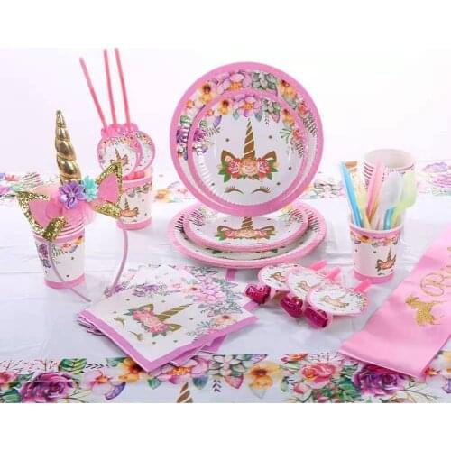 Unicorn birthday disposable tableware paper plate cup straw napkin girls birthday party decoration baby shower girl