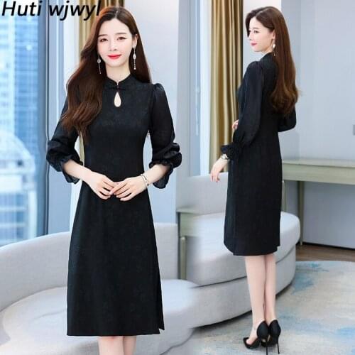 Autumn Winter Black Jacquard Cheongsam Midi Dress 2021 Elegant Bodycon Ptaty Vestidos Women Korean Hepburn Hollow Out Sexy Dress