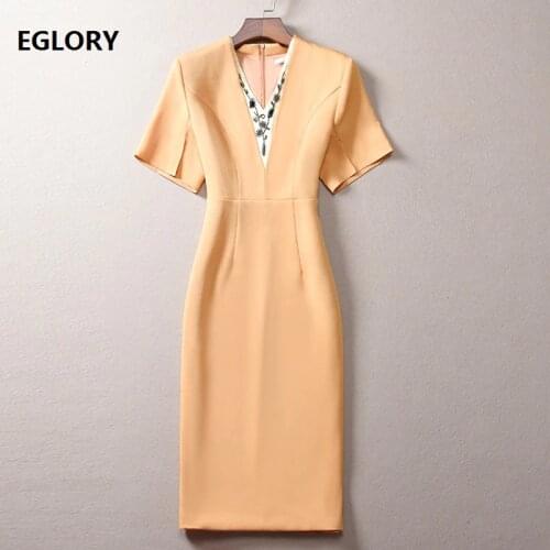 3XL Dress Vestidos De Fiesta 2020 Spring Summer Women V-Neck Hand Made Beading Short Sleeve Bodycon Sheath Dress Yellow Black