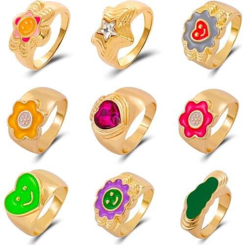 Simple New Love Smiley Face Flower Ring Personality Fashion Cute Geometric Expression Rings For Women Party Gift Accessories