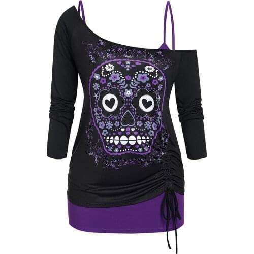 ROSEGAL Halloween Plus Size Skull Skew Collar Cinched T-Shirt And Cami Top Set Women Casual Gothic Tops Vintage Tunic Tees