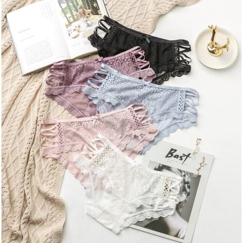 SP&CITY European Style Embroidery Sexy Lace Underwear Solid Transparent Panties Side Ribbon Hollow Out Briefs Female Lingerie