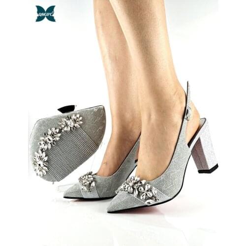 African Hot Selling Colorful Crystal Style Italian Design Party Ladies Shoes and Bag Set Decorated With Rhinestone in Silver