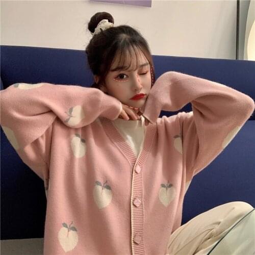 Merry Pretty Sweater Cardigan Cute Pink Coat Women Peach Cardigans Knitted Oversized JacketKorean Autumn Long Sleeve Tops