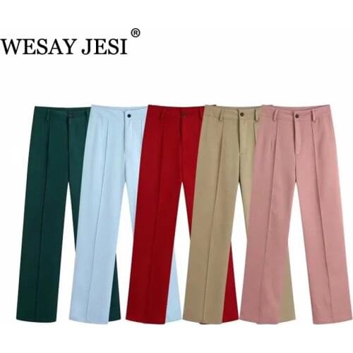 WESAY JESI Womens Clothing 2021 TRAF Straight Pants Multicolor Pockets Vintage High Waist Zipper Female Trousers Offfice Lady