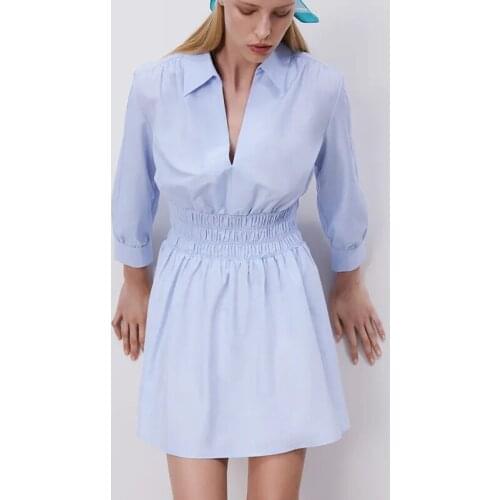 ZA Spring Summer Women Dress Solid Dress Office Lady Turn Down Collar Long Sleeve Dress Elegant Girls Waisted Causal Outfits