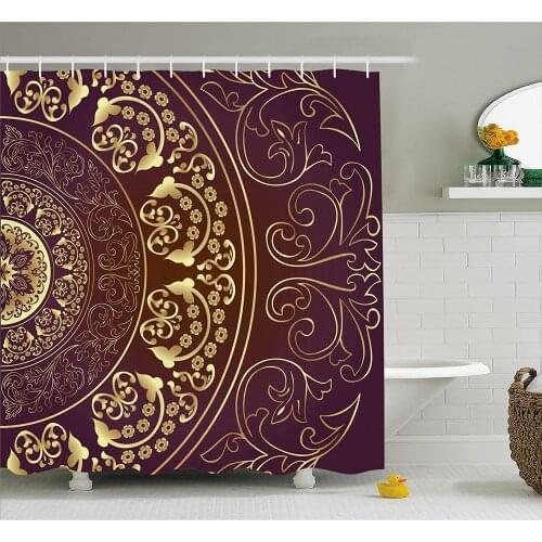 Mandala Shower Curtain Vintage Ethnic Asian Spiritual Cosmos with Swirled Floral Leaves Artwork Bath Curtains for Bathroom Decor
