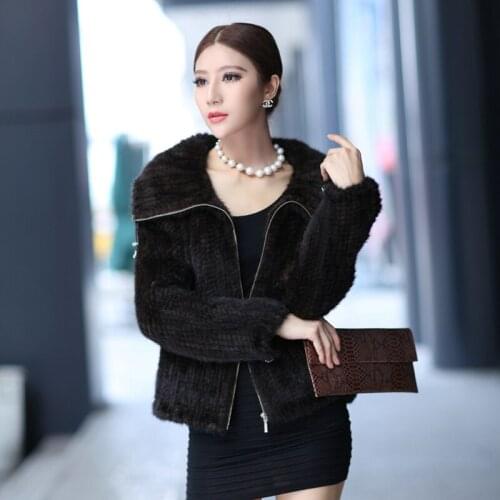 2017 Winter Womens Genuine Real Knitted Mink Fur Jacket Turn-down Collar Lady Short Coat Female Outerwear Coats VF0124