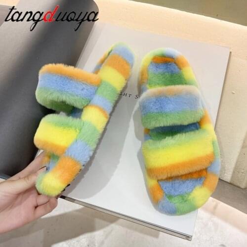 Women Fur Shoes Ladies' Slippers Flock Slides Multicolored Plush Rubber Flat Designer Basic with Fur Home Summer Slippers