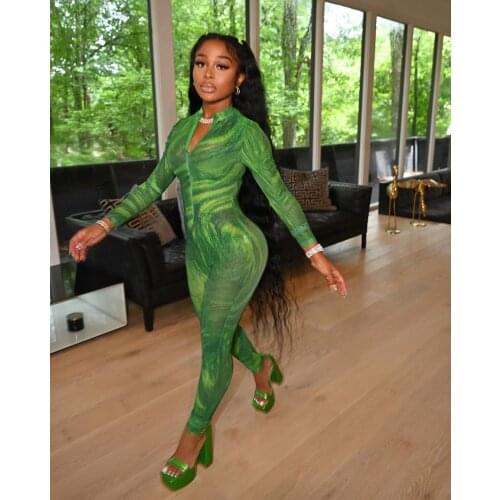 RMSFE 2021 Womens Long Sleeve Stand Collar Zipper Personalized Fashion Sexy Screen Printed One-Piece Pants Jumpsuit