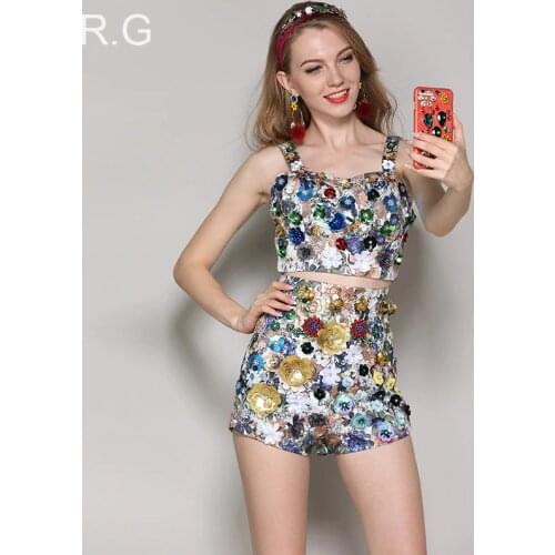 RG Luxury Beading Appliques Crop Top A-Line Short Pants Women High Street Print 2 Piece Set Top and Pants Outfits Spring Summer