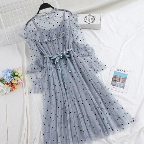 2021 Autumn New Fashion Women Lantern Long Sleeve Polka Dot Dresses Ruffles Lace Mesh Dress+Camisole Top Two Piece Set With Belt
