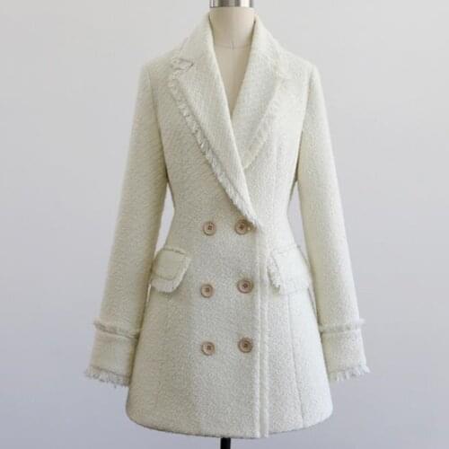Autumn winter small fragrance tweed tassel woolen coat women double breasted overcoat