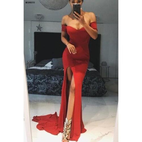 2019 Sexy Classic Off the Shoulder Mermaid Evening Dress Navy Blue Long Split Prom Party Dress Floor Length Sweep Train