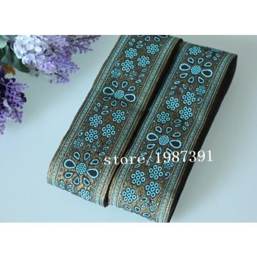 10yards/lot wide 5cm Woven Jacquard Ribbon blue flowers pattern gold background for curtain and clothing accessory LS-8005