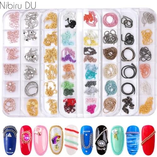 12 Grids Nail Metal Chain Colorful Steel Ball Chains Punk Style Line Design Gold Silver Nails Charm 3D Art Decoration Tools