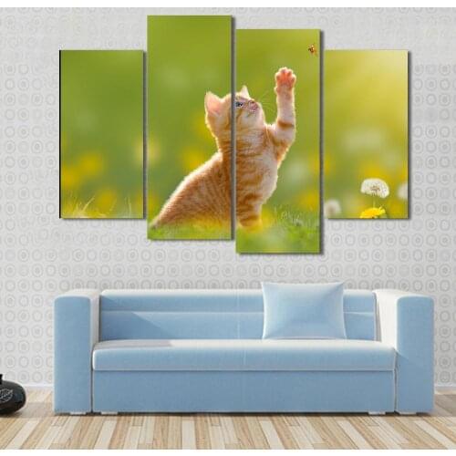 4 Piece/set Canvas art Young Cat Hunting A Ladybug With Back Lit Canvas Painting Decoration For Home Wall Art Prints Canvas A941