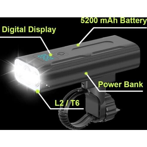 5200mAh Bicycle Light 3 LED Digital Display L2 T6 Front Light USB Chargeable Cycling Headlight as Power Bank Bicycle Accessories