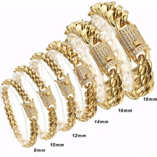 8/10/12/14/6/18MM Fashion Stainless Steel Gold Tone Miami Cuban Curb Chain Mens Womens Bangle Bracelet Dragon Lock Clasp New CZ