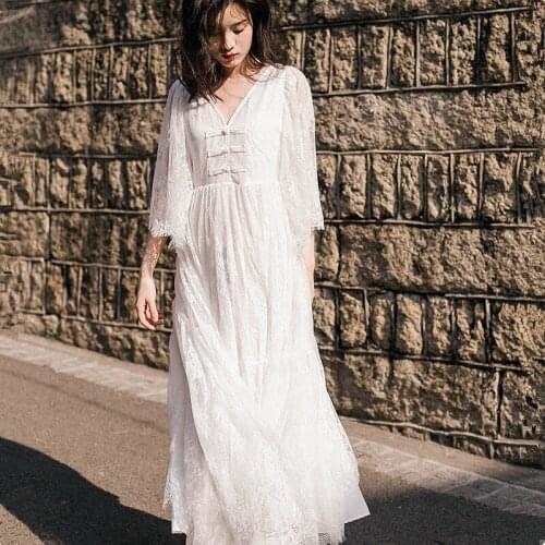White Hollow Out Short Dress 2020 New Sexy V Neck Three Quarter Sleeve Lace Dress Casual Loose Summer Women Dresses Vestidos